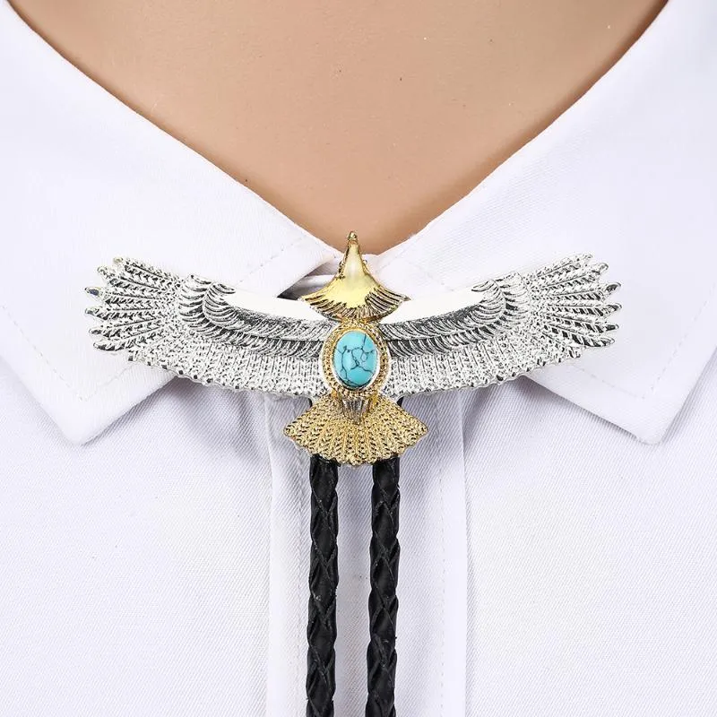 Papillon Western Cowboy Bolo Tie Argento Oro Aquila Colletto in pelle turchese naturale Corda Accessori per abbigliamento casual unisexArco