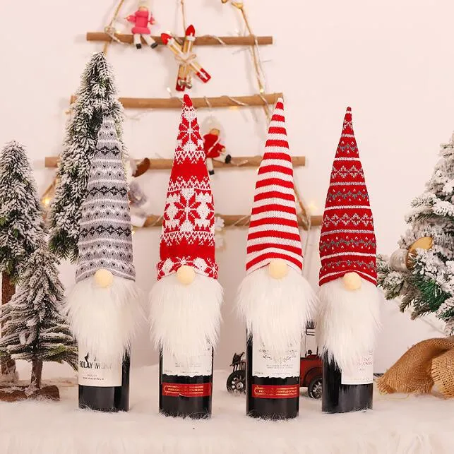 UPS Leuke kerstdecoratie Designer Wine Cover Red Gray Bottle Snowflake Dessen Elf Faceless Gnome Creative Wines Flessen Kleding Knitting Decor Gifts