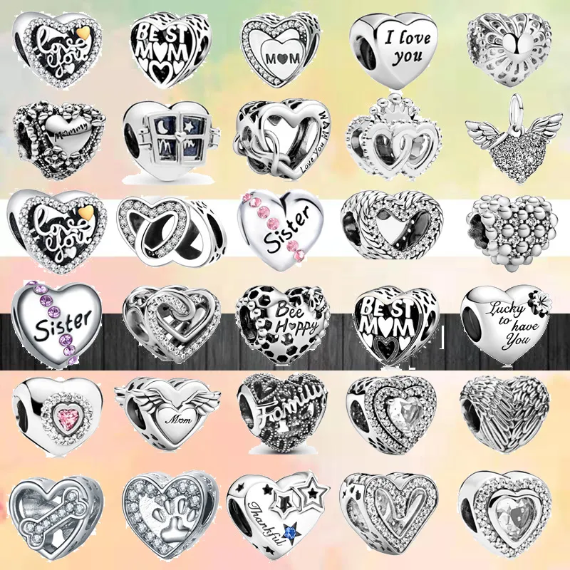 925-Armband-Charms für Pandora-Charm-Set, Originalverpackung, Farbe: glänzend, Liebesherz, Schwester, Familie, klassische europäische Perlenkette, Charms-Schmuck