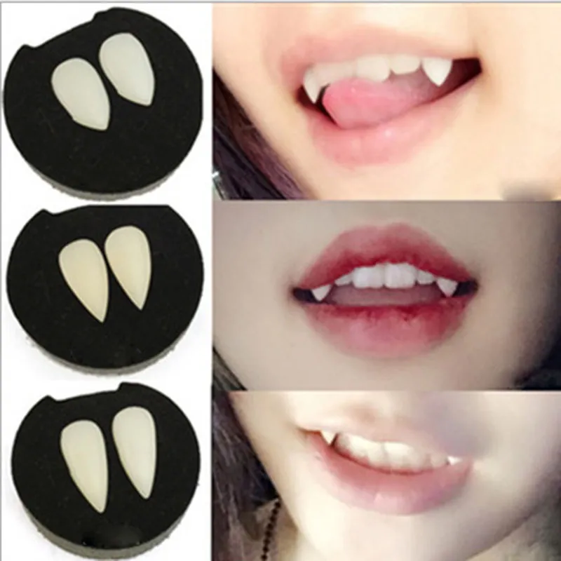 Um par de dentaduras de vampiro de resina ecológica Halloween traje de festa adereços de dentaduras presas de vampiros dente de tigre pequeno maquiagem cosplay LT0061