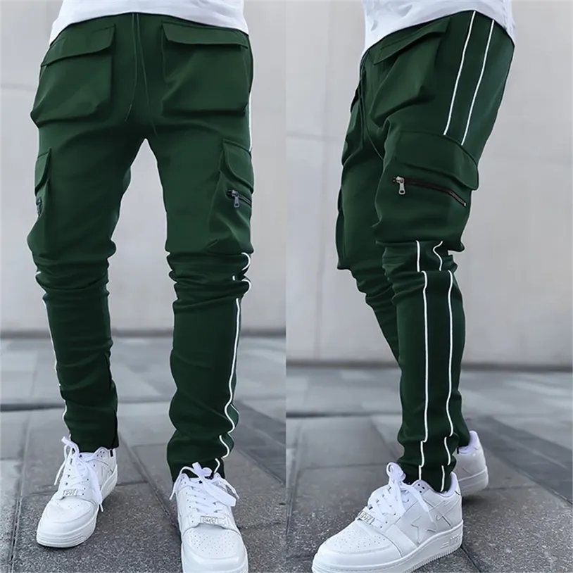 Hip Hop Men's Casual Pants European Large Straight Reflective Multi-pocket Cargo Sports 220325