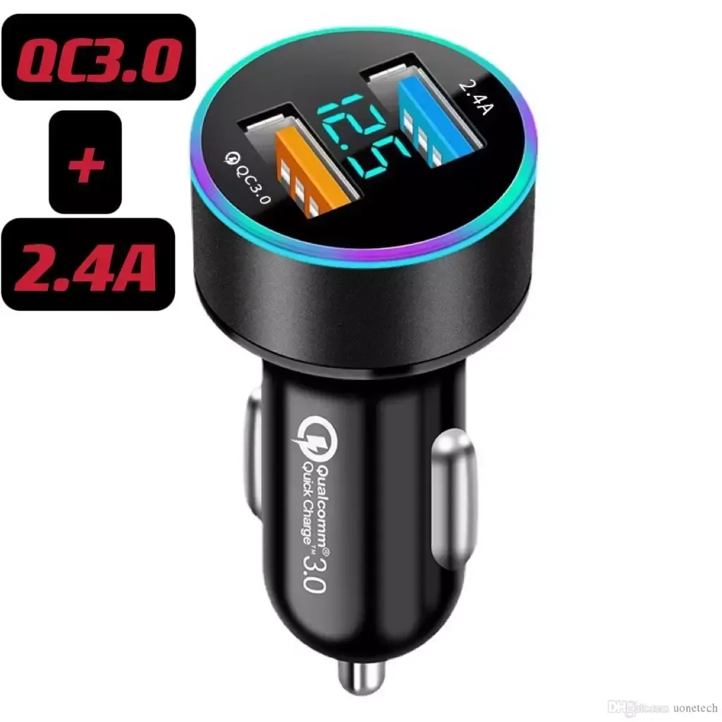 Snelle snelle oplader dubbele poorten QC3.0 2.4A LED -licht Digitale detectie USB autolader Power Adapter voor telefoon