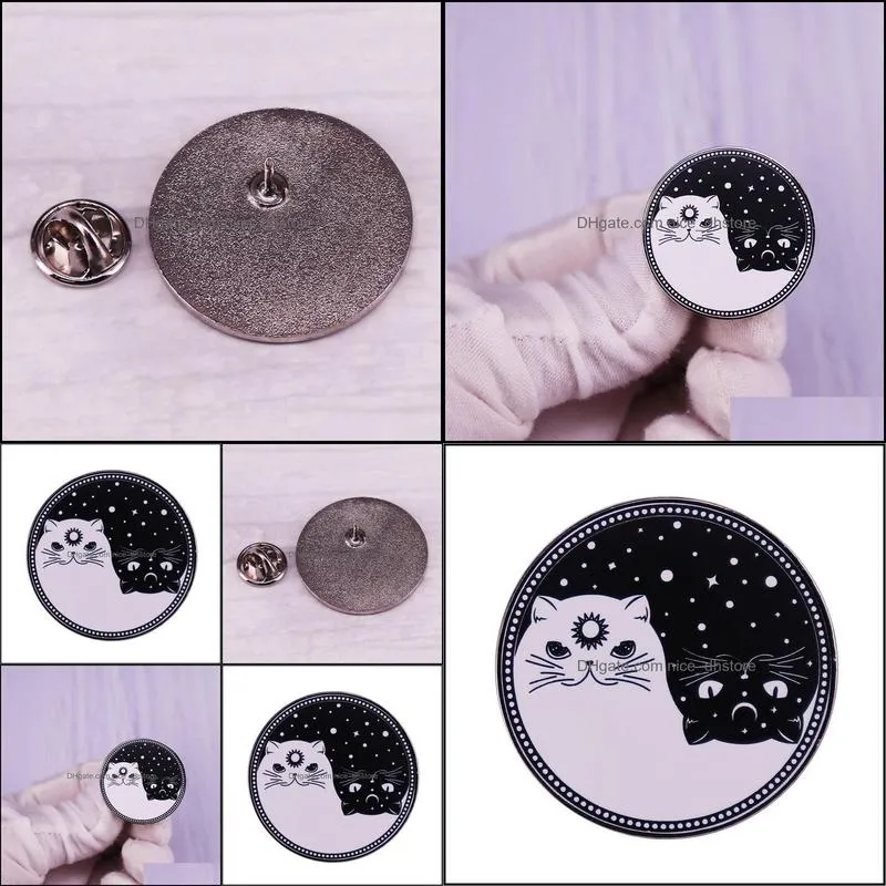 cute day and night cats ename pin celestial yin yang black white cat brooch galaxy animal badge jewelry gift