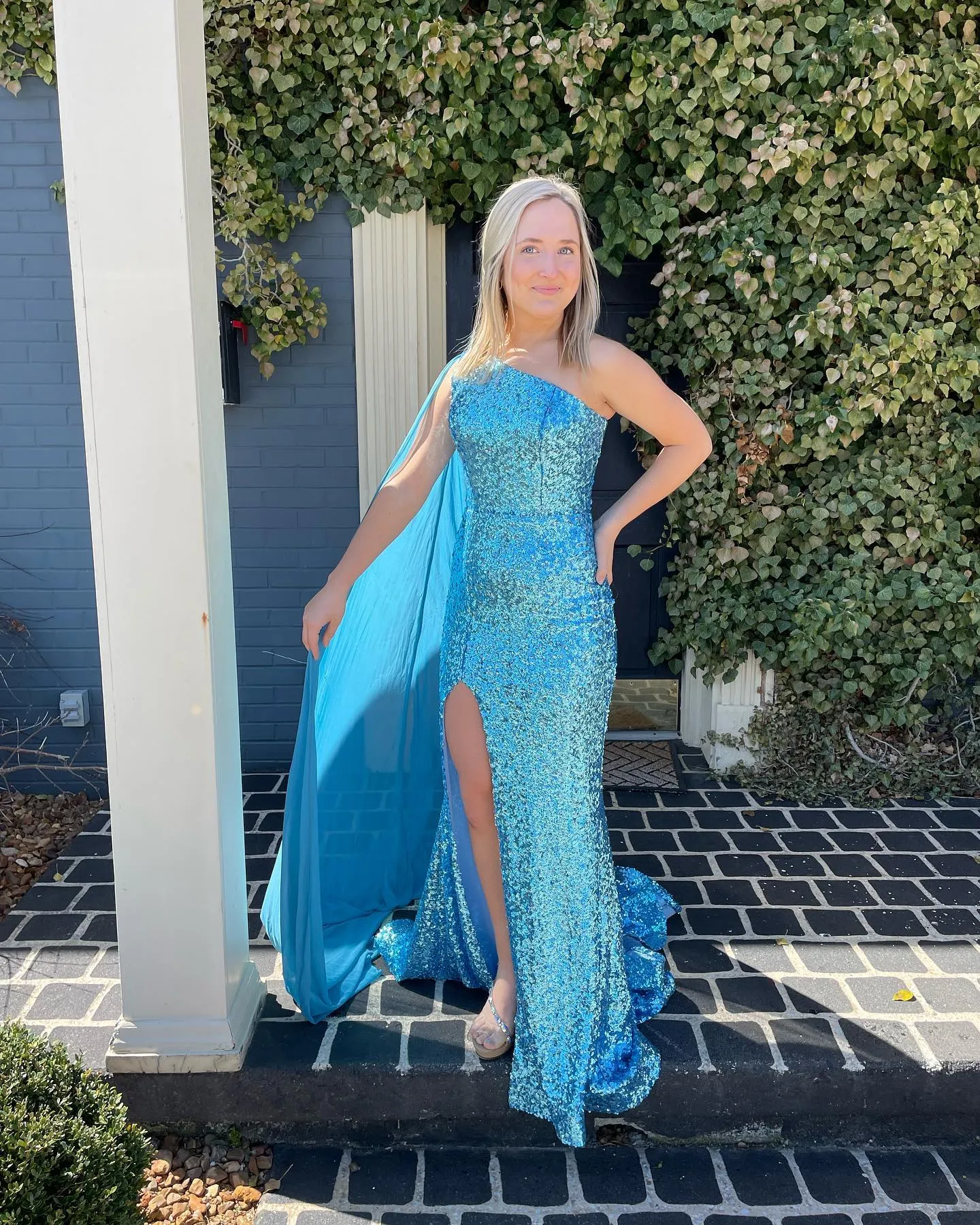 Sequin Mermaid Prom Dress, One-Shoulder Chiffon Cape Evening Gown with High Slit, Orange, Purple, Fuchsia, Blue, 2024 Sequin Mermaid Prom Dress, One-Shoulder Chiffon Cape Evening Gown with High Slit, Orange, Purple, Fuchsia, Blue, 2024