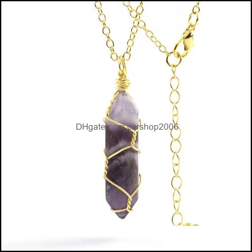 pendant necklaces reiki healing natural stone necklace wire wrap hexagonal amethyst quartz crystal pendulum chakra pendulo