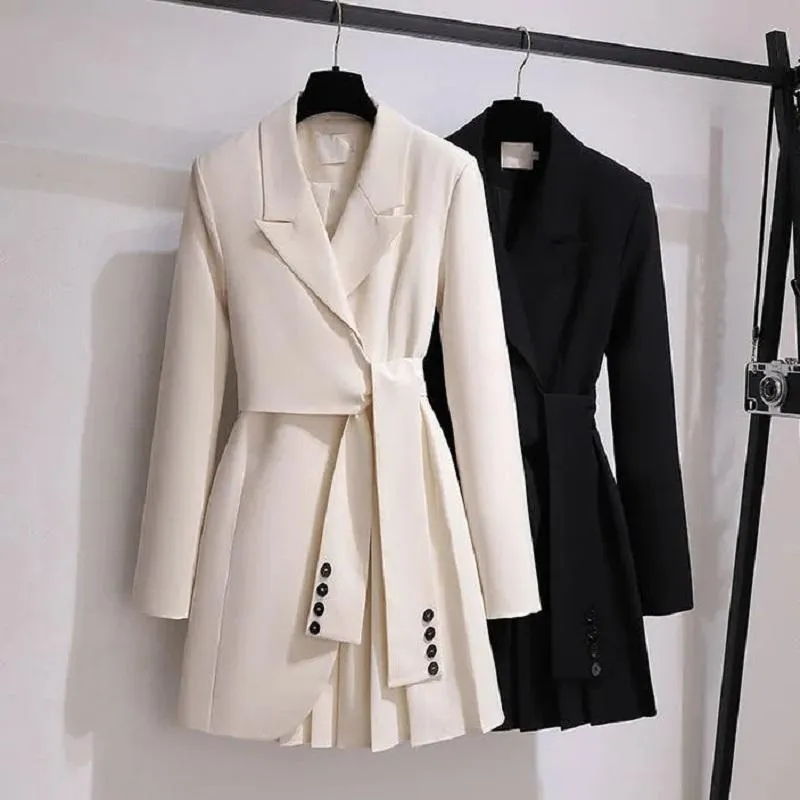 Kadın Trençkotlar Moda Ceket Elbise Kadın 2022 İlkbahar Sonbahar Rüzgarlık Kadın Artı Boyutu 4XL Siyah Beyaz Kemer Blazer VintageWomen's