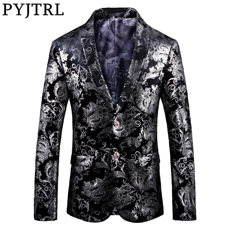 Pyjtrl märke Autumn Winter Luxury Gold Red Blue Stylish Floral Pattern Velvet Blazer Mens Casual Suit Jacket DJ Signers Outfit 201104