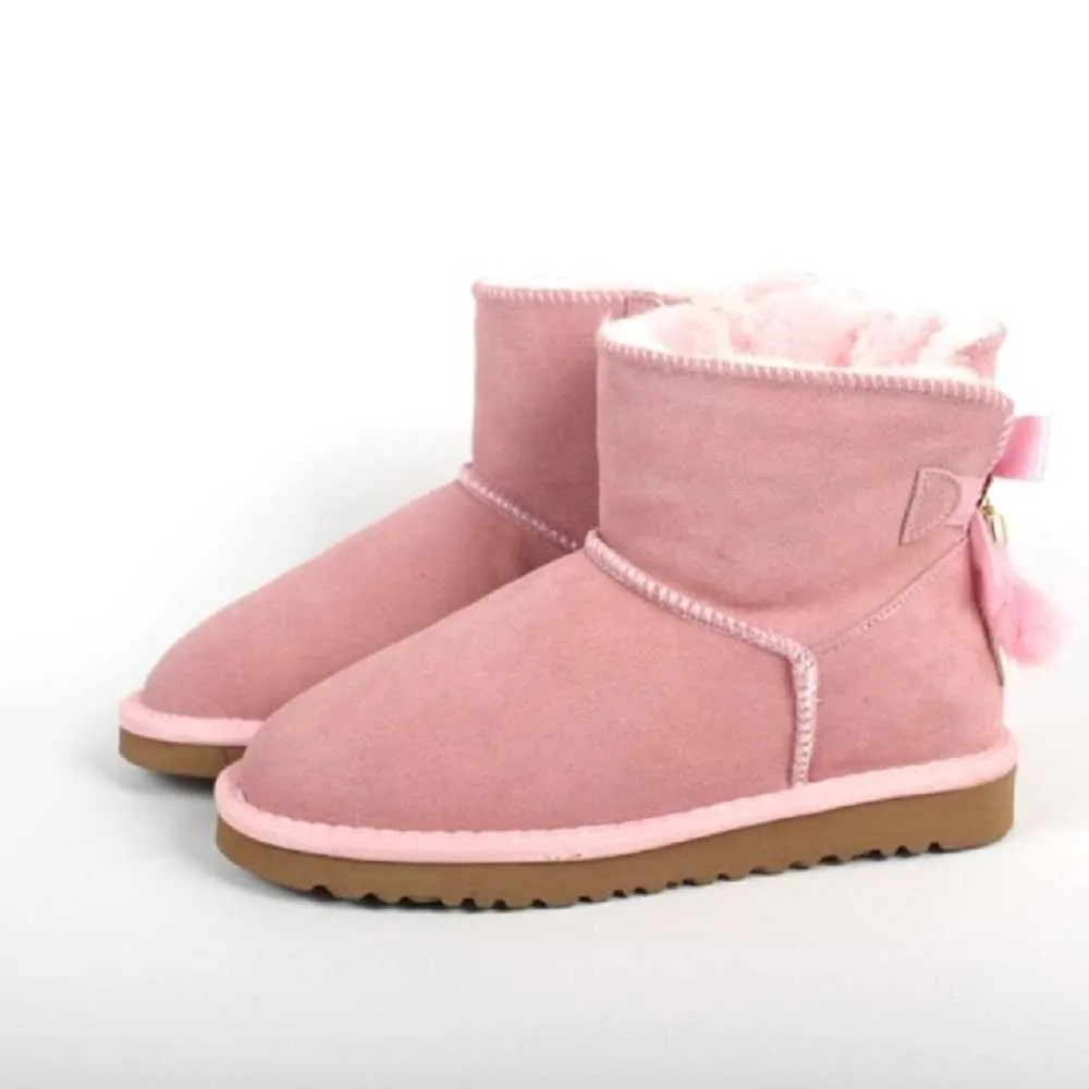 أزياء الكاحل Bowknot Snow Boots Women Wool Wool Fur مبطن أستراليا كلاسيكية جلدية حقيقية شتاء أحذية دافئة دافئة