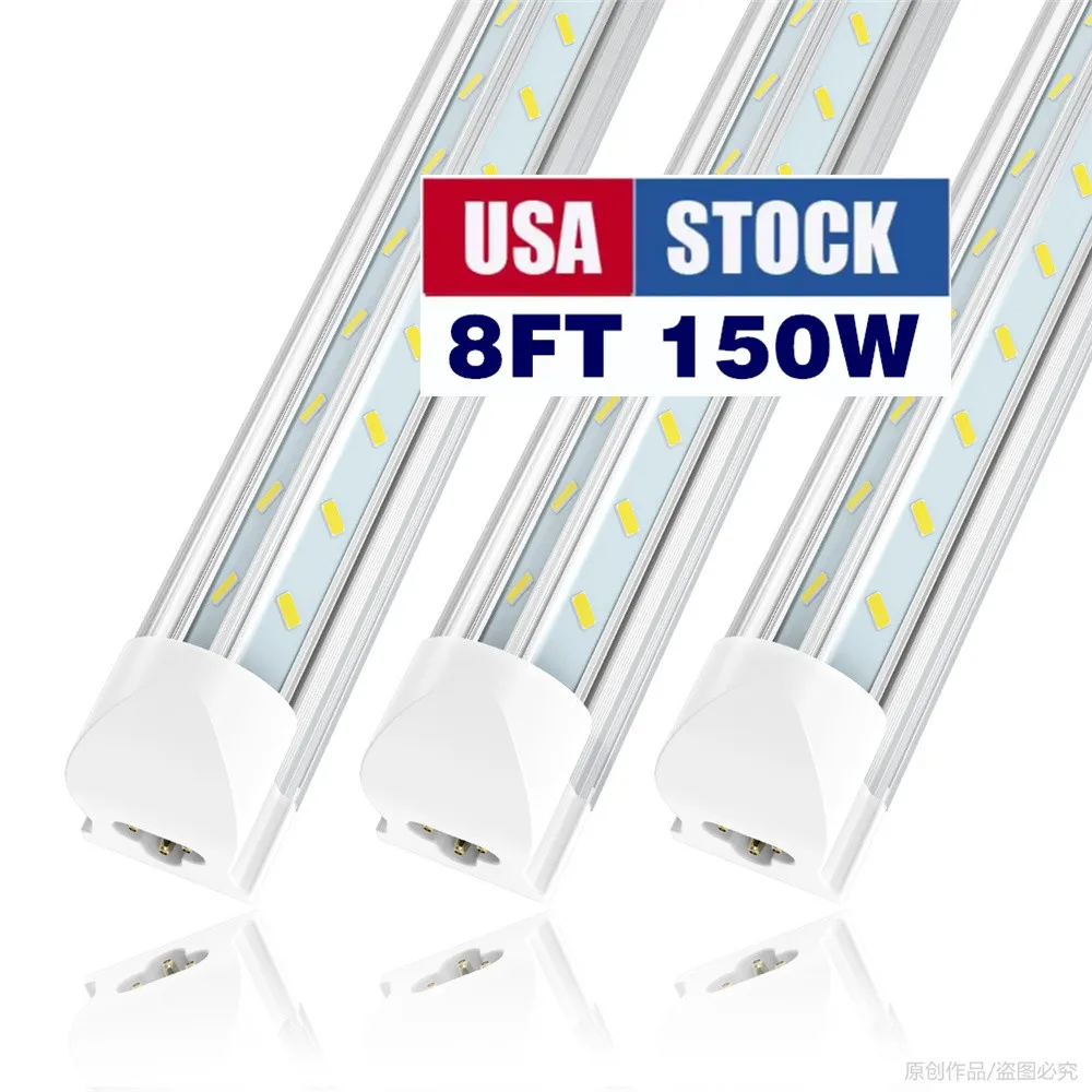 8ft LED -butik Ljus fixtur 150W 15000LM 96 '' T8 Tube Integrated V Form Fluorescerande rörlampor Högeffektlampor för garage Warehouse Workshop Länkbar plug and play