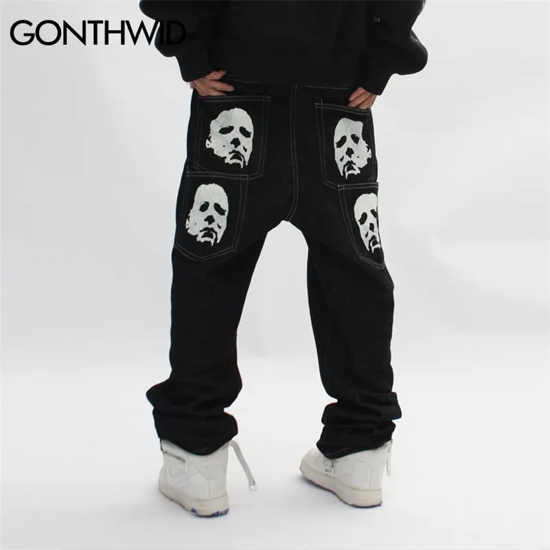 Hiphop gothic denim broek streetwear heren grafische print baggy punk rock jeans harajuku casual losse jeansbroek zwart 220726