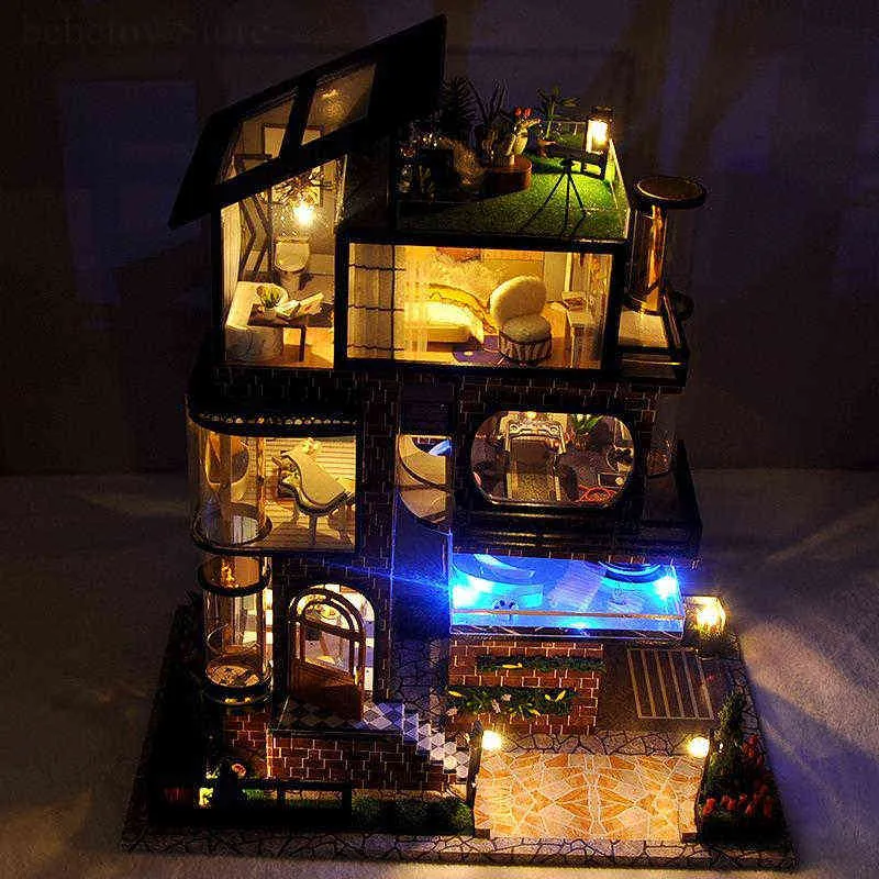 Diy Dollhouse Cabin TB21 Impression Manhattan Grote, met de hand geassembleerde Europese Villa Model Woningbouw Verjaardagscadeau