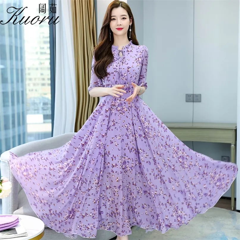 Chiffon Beach Purple Dress Floral Tunics Long Women jurken zomer elegant gele ruche casual korte mouw feest maxi 220516