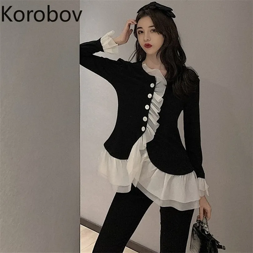 Korobov Volants Bouton Patchwork Femmes Blouses Vintage Flare Manches Hit Couleur Chemises Courtes Coréen Tricoté Mujer Blusas 79481 210326
