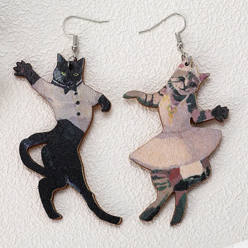 Orecchini pendenti in legno naturale colorato con gatto coniglio mucca per donna Orecchini animali in legno chic alla moda Commercio all'ingrosso di gioielli di Natale