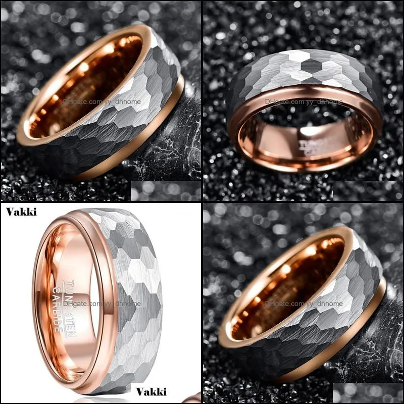 Wedding Rings VAKKI 8mm Wide Tungsten Carbide Ring Side Step Rose Gold Plating Surface Hammered Steel Men Engagement Rings1
