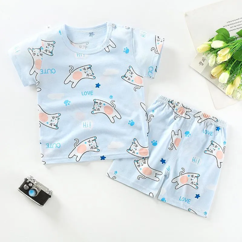 Clothing Sets Kids Baby Short Sleeve Cotton Pajamas Suit For Girls Boys Cartoon Animal Sleepwear Set Cute Clothes BlueClothing