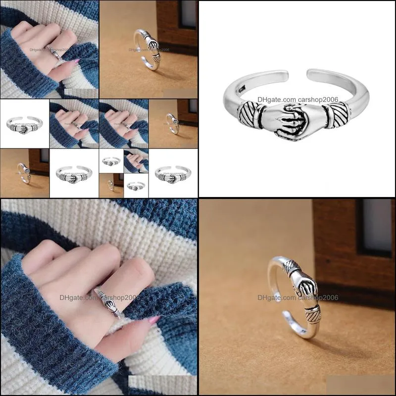 Retro Silver Rings Opening Handshake Creative Friendship Ring Fine Jewelry