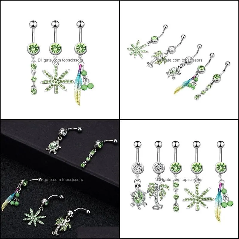 set of 5pcs dangle tortoise belly button ring 14g women body piercing jewelry kit coconumt tree charm navel barbell rings