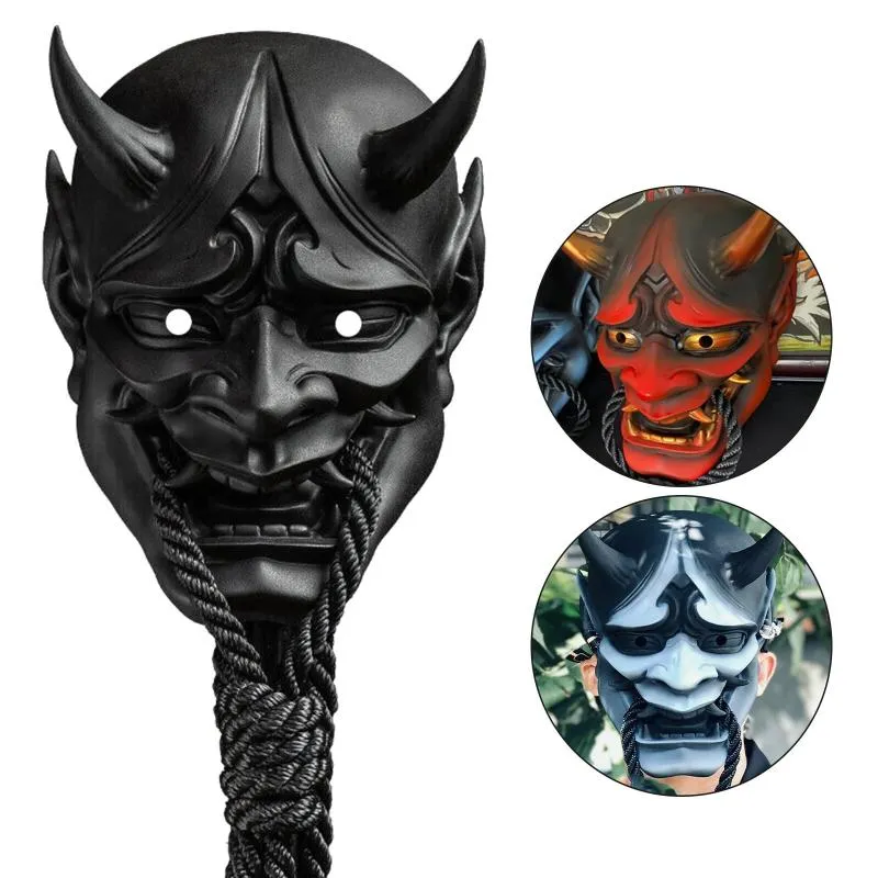 Parti Maskeleri Yetişkin Unisex Cadılar Bayramı Japon Mühürlü Prajna Şeytan Hannya Noh Kabuki Demon Oni Samuray Tam Yüz Maskesi Siyah Mavi Kırmızı