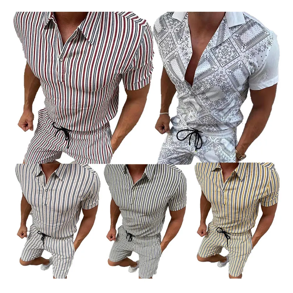 Summer Trendy Print Polos Shirt Tracksuits For Men Short Sleeve Lapel Button Tshirt and DrawString Shorts Casual 2 Piece Set DS-1