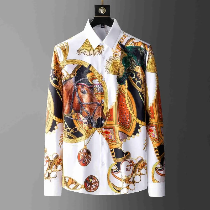 Men's Casual Shirts Horse Print Shirt Social Club Party Dress Men Streetwear Luxury Animal Rhinestones Long Mouw Camisa Hombre ShirtMen's