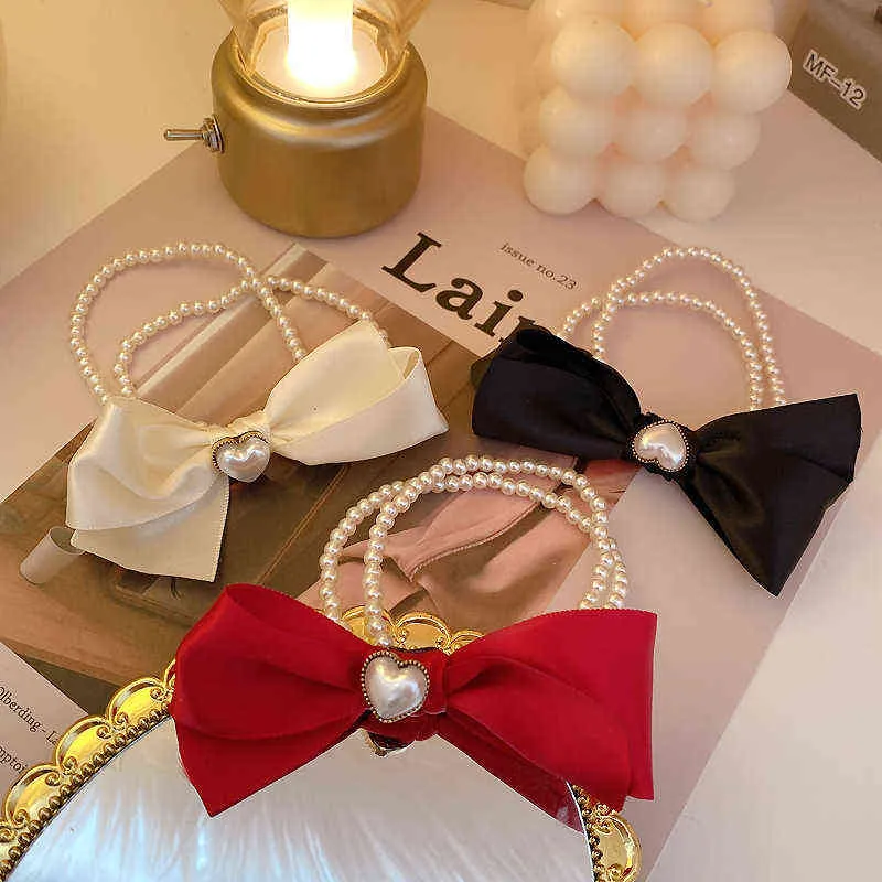 Bridal шелковый лук галстуки волос мода жемчужина волосы резиновые полосы японского стиля свадьба шелк в форме сердца жемчуг бисером аксессуары для волос AA220323