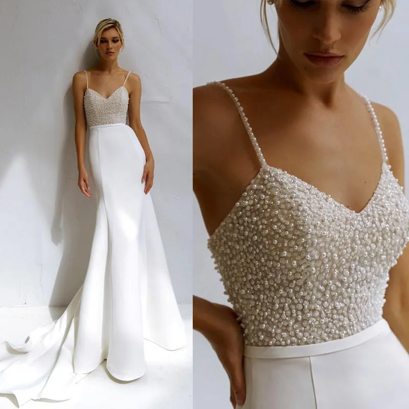 Elegante luxe Sexy Pearl Mermaid Trouwjurken Spaghetti Straps Sweetheart Parels Satijn Bruidsjurken Custom Made Dress Vestido de Novia