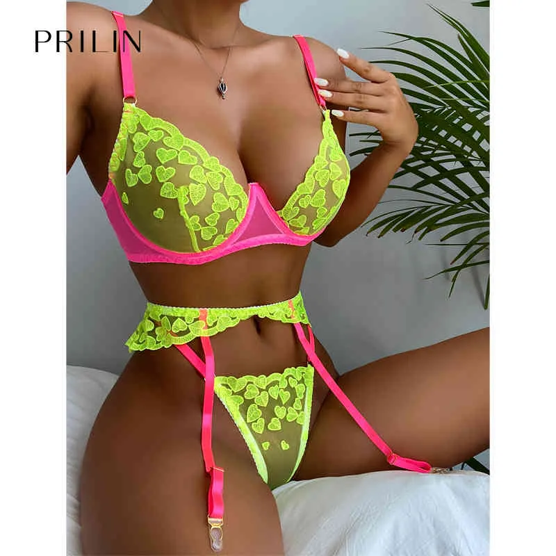 Women Sexy Lingerie Set Garter Belts Fluorescent Green Heart Lace Push Up Bras Sex Panties Temptation Erotic Sensual Underwear