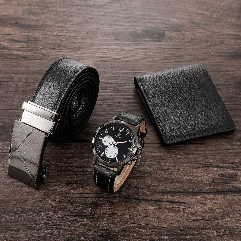 Wristwatches Men's Watch Wallet Belt Set Male's Gift For Father's Day Birthday 3pcs/set Casual Quartz PU Strap Good-looking C66W
