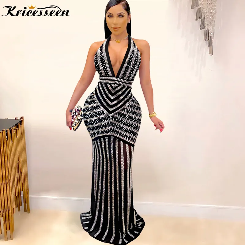 Kricesseen Black Halter Crystal Black sparkly maxi dress - Sexy Backless See-Through Bodycon for Women's Birthday, Clubwear, and Church - 220520