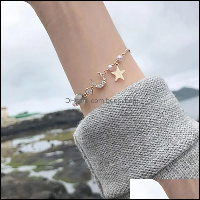 Lien Chaîne Bracelets Bijoux Starmoon Perlé Bracelet Soeur Or Femmes Élégantes À La Mode Lune Étoile Romantique Femme Anniversaire Dhvss