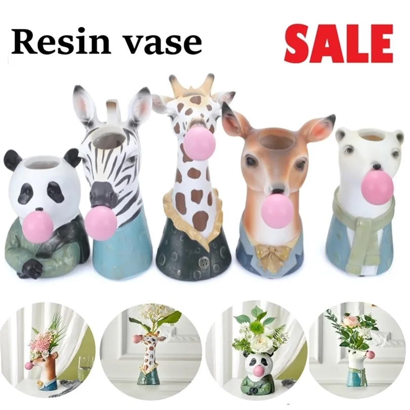 Resina vaso decoração decoração de vaso de flores moderno animal suculento pintura manual urso soprando bubble busto figura decoração de casa criativa 210409