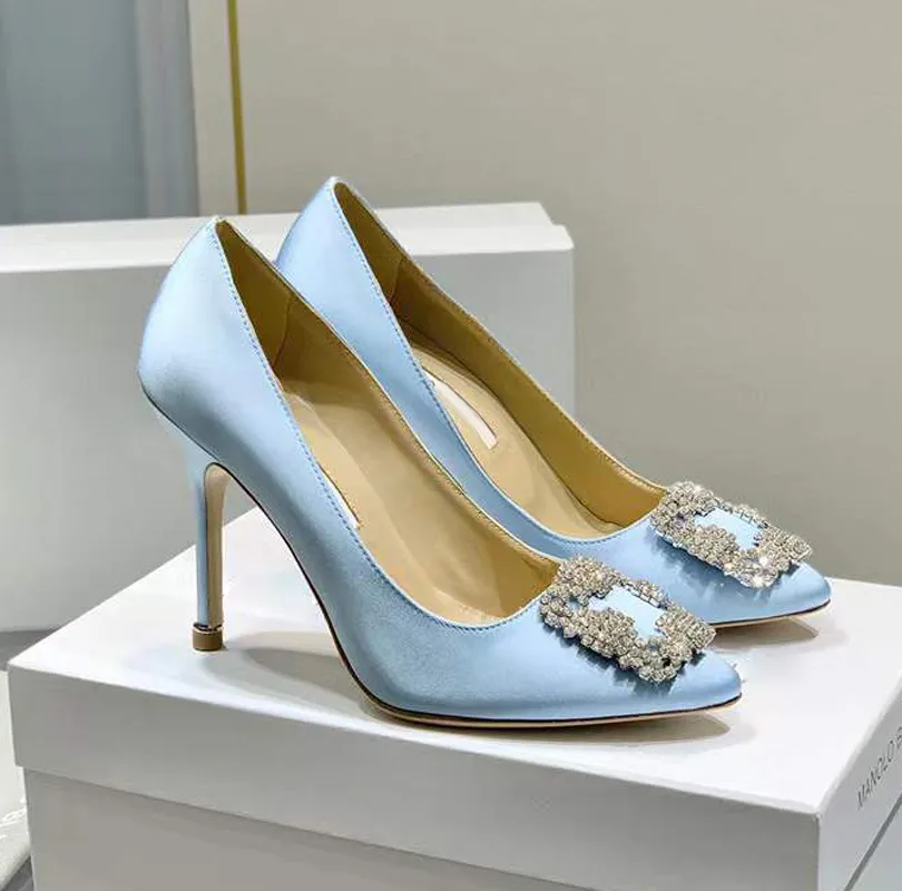 M B Rhinestone Buckle Empelled Classic Formal Shoes 10cm Women's Silk Satin Party Designer Pumpar Wedding High Heeled Boat Shoe Thin High Heels