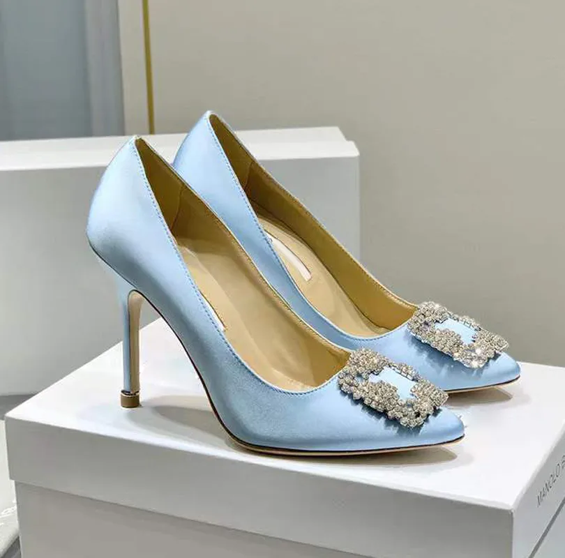 M B Rhinestone Buckle Embellished Classic Formal Shoes 10cm Women's Silk Satin Party Designer Pumps Wedding High Heeled Boat Shoe Thin High Heels