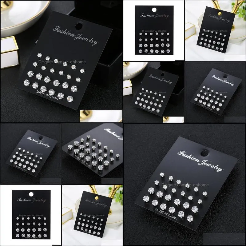 12 Pair Size Color Zircon Stud Earrings Set Shine Crystal Ear Studs for Men Women Punk Party Jewelry Fashion Mini Earring