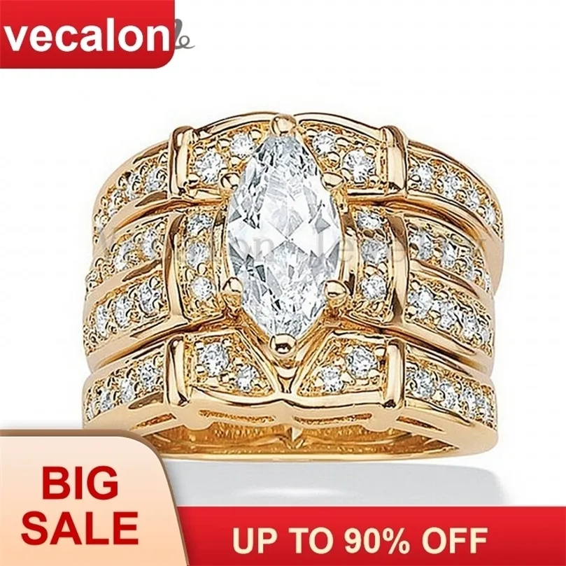 Vecalon Classic Sieraden Marquise Cut 2CT 5A Zirkon CZ Wedding Band Ring Set voor vrouwen 14kt geel goud gevulde engagementring J190704