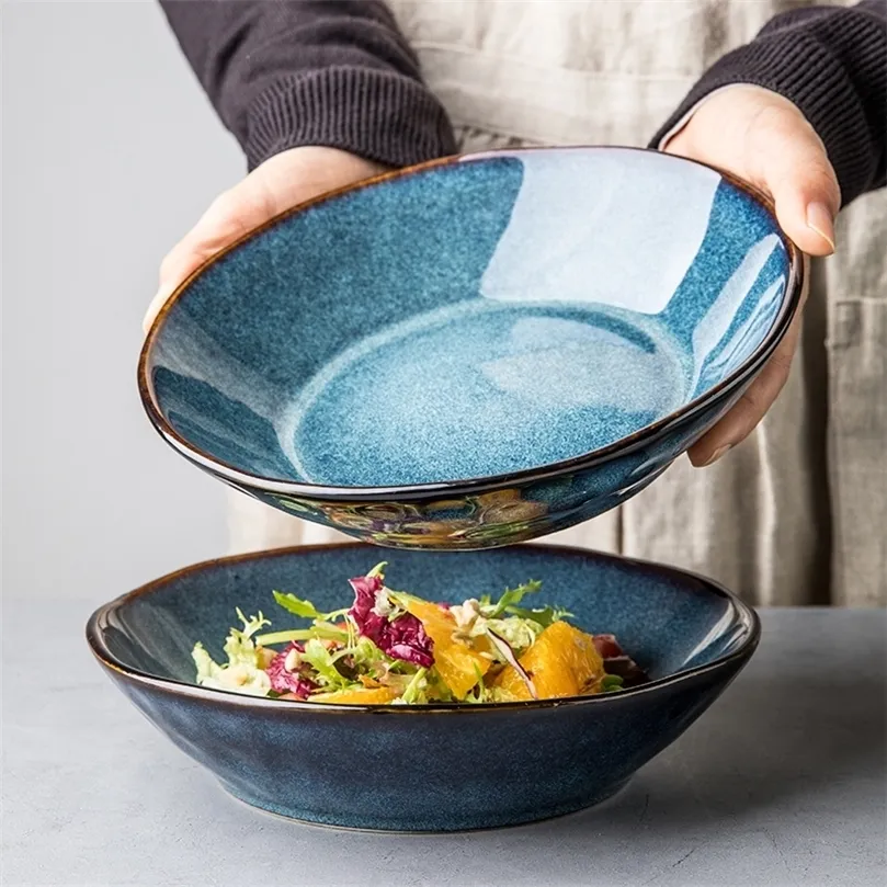 7.5 Inch Sydney Blue Irregular Art Plate Home European Ceramic Rice Dish Ins Retro Style Shallow Bowl Deep 220307