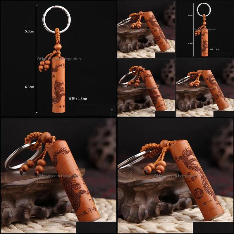 Vintage Dragon Keychains Men Key Chain Car Key Holder Ring Jewelry Handmade Cylinder Pendant Wood Gift High End Keychain