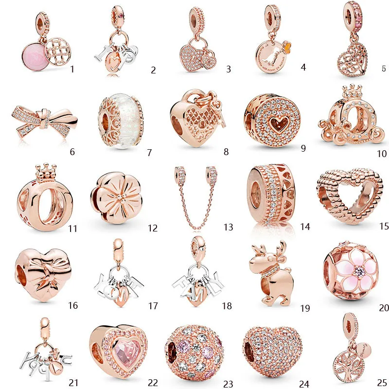 925 Argent Fit Pandora Charme 925 Bracelet Or Rose Série Perles ensemble de breloques Pendentif DIY Fine Perles Bijoux