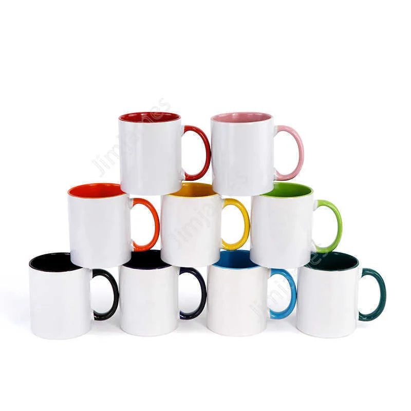 11oz Hot selling billet sublimation ceramic mug color handle inner color DIY transfer heat press printing water mugs by sea Inventory DAJ467