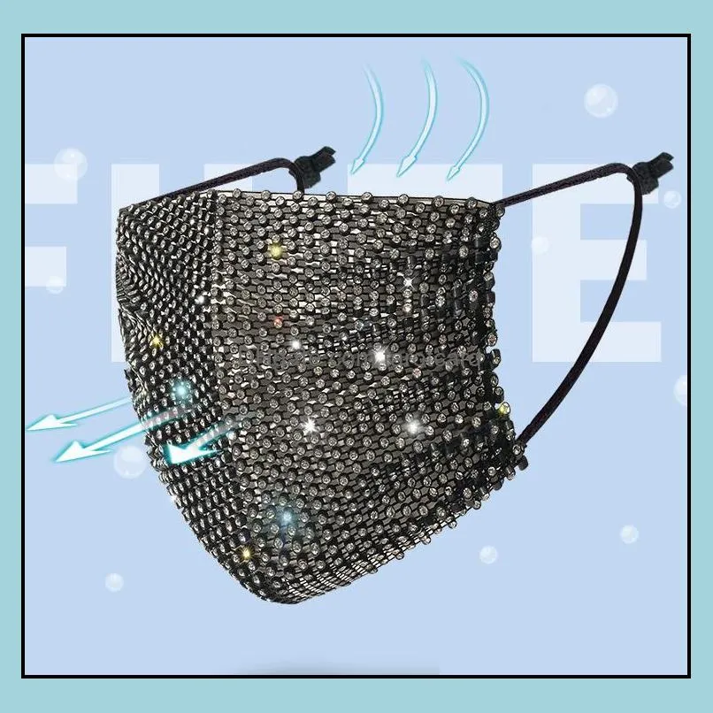 Rhinestone Mesh Reusable Cloth Face Mask Crystal Masquerade Party Bauta Masks for Women Girls Adult With Bling Diamond