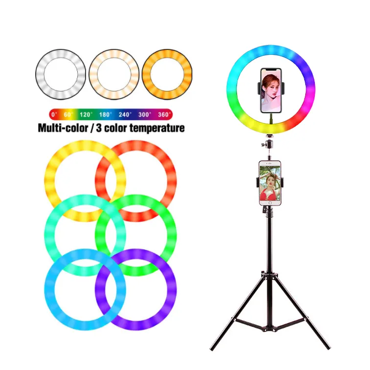 Live Selfie Lights Tripod Stand Holder 210cm +10 tum RBG Ringlampa Justerbar + Inside Clip Holder för mobiltelefon