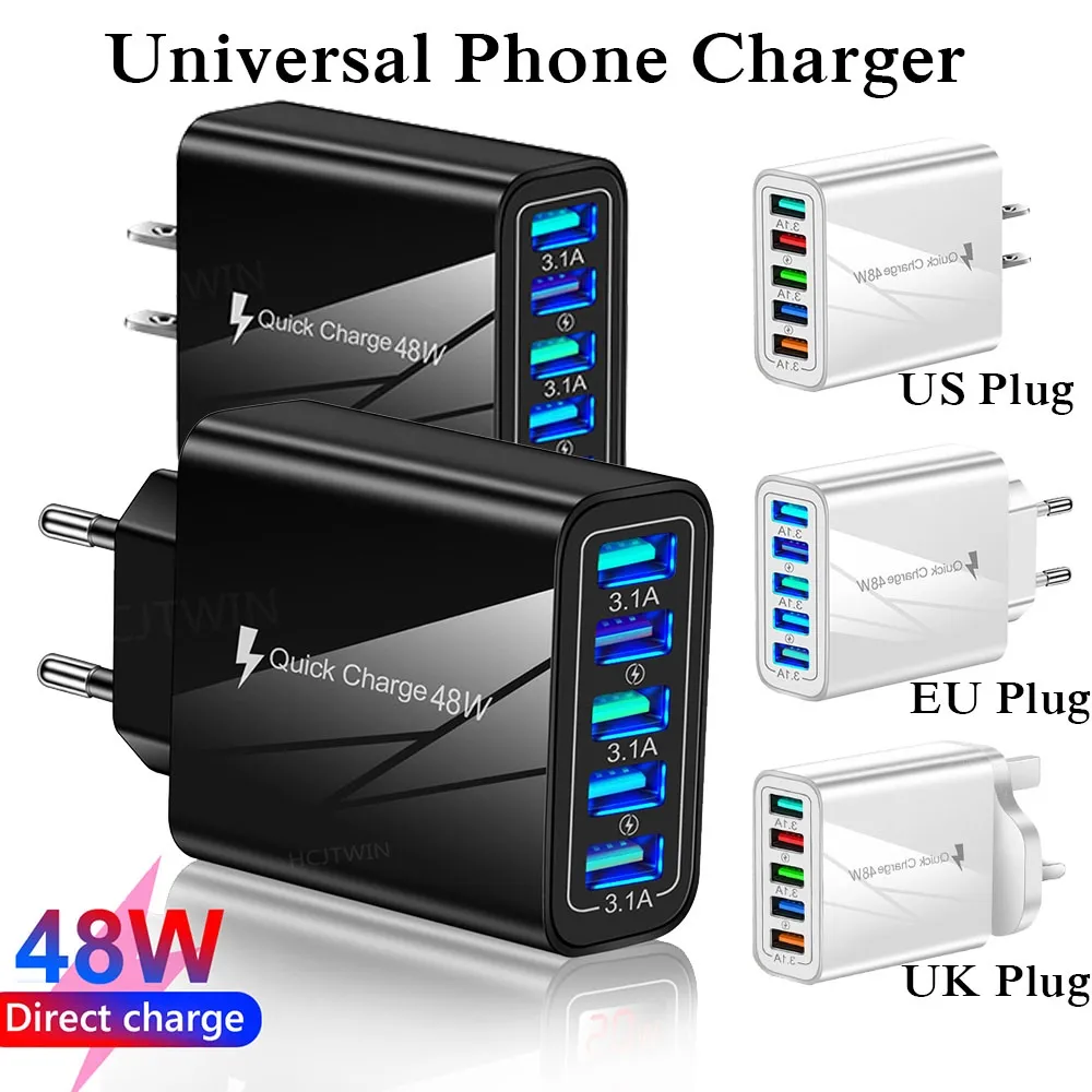 Draagbare 48W 5 USB-poort Mobiele telefoon oplader Reizen thuis Smartphone Voeding Oplaadkop Aanpassen voor iPhone 11 12 Mini 13 Pro Max Samsung Huawei Xiaomi Realme