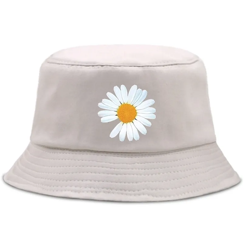 White Daisy Flowers Print Bucket Hat Outdoor Foldable Fisherman's Hats Hip Hop Unisex Beach Cap Cotton Sunscreen Panama Caps 220812