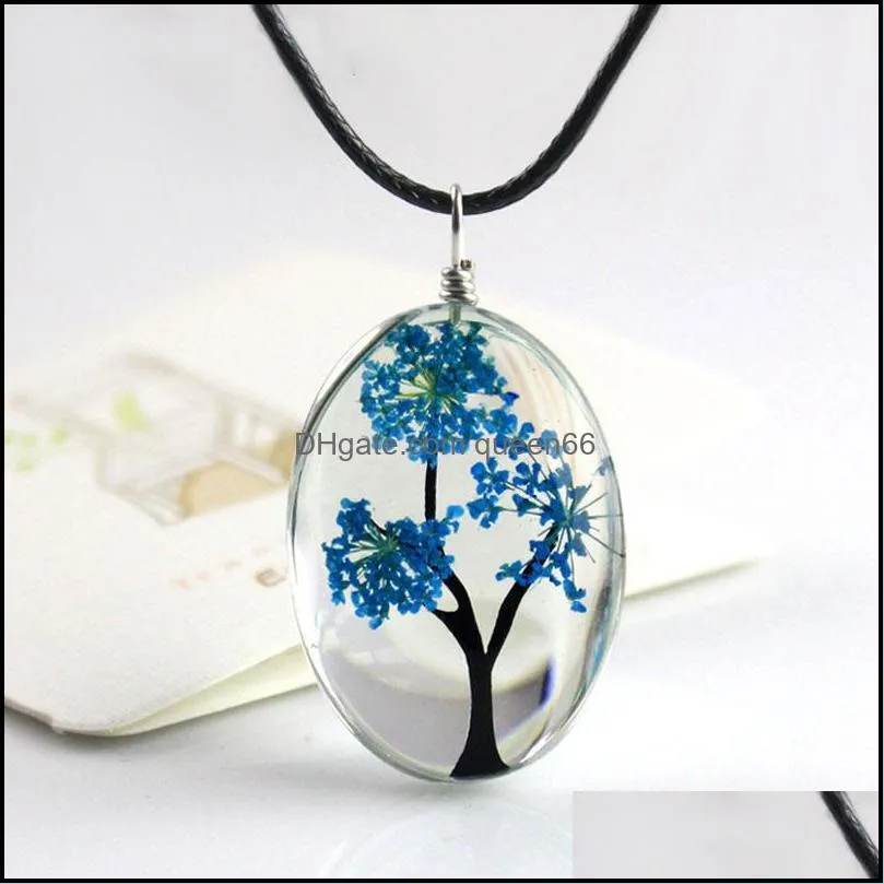 Retro Jewelry Real Dried Flower Necklace Tree of Life Shaped Leather Rope Glass Long Pendant Necklace for Women Gift