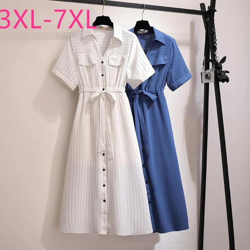 Plus Size Dresses Summer Shirt Dress For Women Large Short Sleeve Loose Blue White Stripe V-neck Belt Long 3XL 4XL 5XL 6XL 7XLPlus