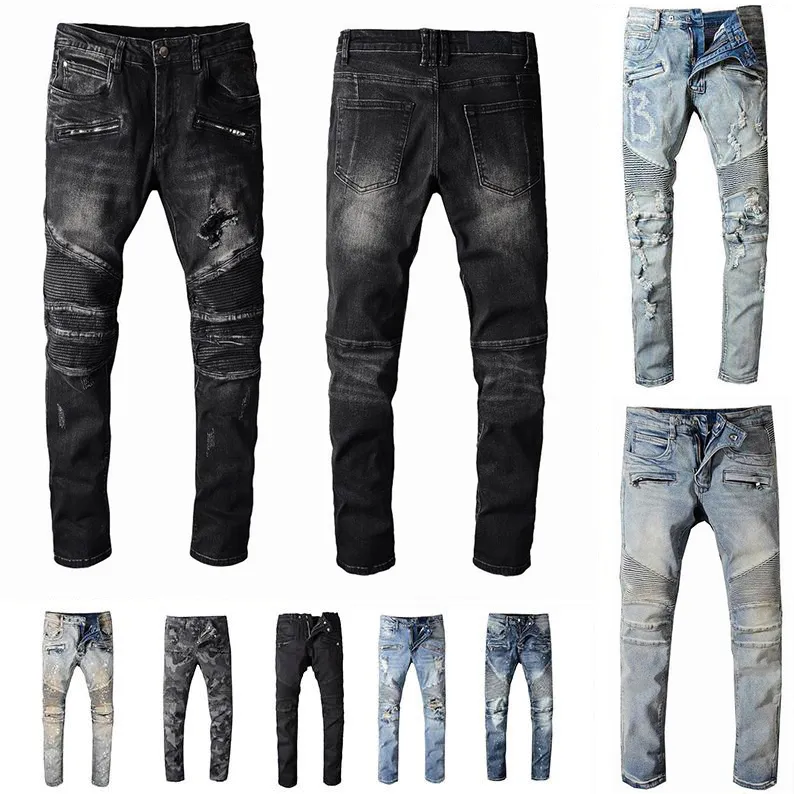 Jeans Herr Designer Jean Distressed Ripped Biker Slim Fit Motorcykel Bikers Denim För Herrmode Mans Svarta Byxor pour hommes