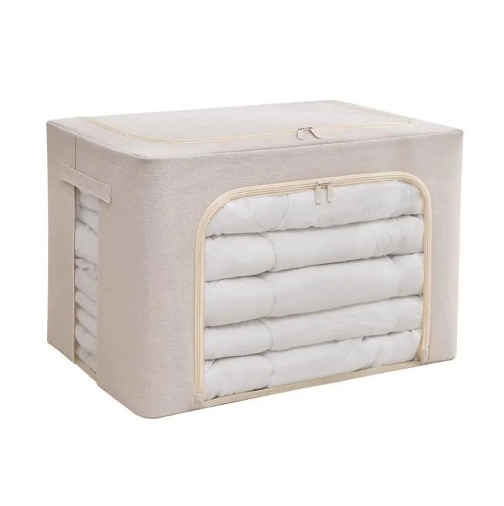 Clothes Storage Box Bins Stackable Foldable Organizer Metal Frame Storage Box for Clothing Bedding Container with Mesh Window Zipper and Sturdy Handles