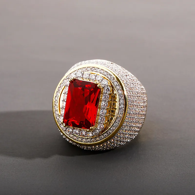 عالي الجودة 18K خاتم الماس الذهبي رجال Ruby Iced Out Rings Hip Hop Rings Jewelry