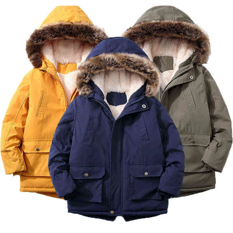 2022 Ny tonåring Winter Boys Jacket Päls krage fodrad med fleece stor storlek Håll varm tjock huva vindbrytare jacka för barn J220718